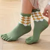Women Socks 5 Pairs Women's Thick Cotton Five Finger Toe Autumn Winter Argyle Plaid Japanese Style Casual Harajuku With Toes