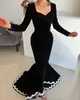 Elegant Black Velvet Mermaid Evening Dresses Lace Edge Long Sleeves Party Prom Dress Pleats Long Dress for red carpet special occasion