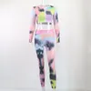Active Sets Tie Dye Print Seamless Yoga Gym Ribbed Suit Fashion Long Sleeve Zipper Crop Top Leggings Two Piece Set Fitness Sports Clothing