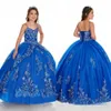 2020 Azul Real Vestidos Da Menina Flor com Jaqueta Alças Espaguete Menina Concurso Vestido De Baile Renda Apliques Bordado Custom Made Princ291S