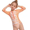 Fato de banho infantil menina peça única estampado flor leopardo manga comprida decote frente com zíper roupa de banho Monikini roupa de praia peça única289x