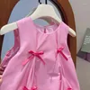 Fille Robes 2023 Été Filles Coréenne Robe Sans Manches Bébé Arc Coton Jupe Intérieure Enfants Rose Couleur De 1 À 7 Ans Robes Col Rond