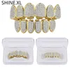 Gold Silver Plated Hip Hop Vampire Teeth Grillz Top and Bottom Iced Out Micro Pave CZ Stone Bling Body Jewelry240y