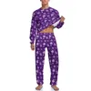 Pijamas masculinos roxos estampados florais manga comprida margarida flor 2 peças conjunto de dormir primavera masculino estampado fofo pijamas