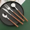 Dinnerware Sets 4Pcs Imitation Wooden Handle Cutlery Set Mirror Stainless Steel Western Flatware Silver Knife Fork Teaspoon Tableware