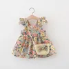 Girl's Dresses Summer Baby Dress Vintage Garden Flower Flying Sleeve with Straw Bag 230726