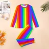 Heren Nachtkleding Regenboog Gestreepte Pyjama Mannelijke Verticale Lijnen Kawaii Thuis Pak Lente Lange Mouw 2 Stuks Bedrukte Pyjama Sets Grote Maat 6XL