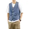 Gilet da uomo 2023 Primavera Estate Uomo Giubbotto di jeans Moda Allentato Personalità Cinturino posteriore Casual Blu Uomo senza maniche Jean Coat