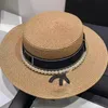 Trendy Women's Straw Bucket Hats Stylish Casual Water Pearl DoubleC Letters Large Brim Flat Top Hats