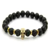 2015 New Products Whole 10pcs lot Beaded 8MM Lava stone beads 24K Gold Skull Elastic Bracelets for Men and Women's Gift246L