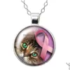 Pendant Necklaces Pink Ribbon Breast Cancer Prevention Round Necklace 25Mm Glass Cabochon Sier Color Crystal Jewelry Women Gift 50Cm D Dhzlb