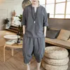 Survêtements pour hommes été style chinois manches trois-quarts costume en coton et lin pan bouton pantalon court couleur unie hommes 230727