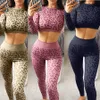 Yoga outfit Leopard High Neck Sport passar Kvinnor Sömlös Yoga Set Fitness Outfit Kort ärm Crop Top Gym Leggings Träningskläder 230727