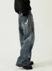 Jeans pour hommes Houzhou surdimensionné graphique jean Y2k hommes déchiré jean pantalon avec imprimé bleu denim pantalon mâle punk japonais streetwear hip hop 230727