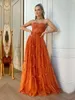 Glitter Orange A Line Prom Vestidos Novie Corazón Boning Boning Vestido Formal Cinturón de corbata Bohemio Máxi Máxi Vestido 415