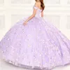 Lavendel Uit de Schouder Baljurk Quinceanera Jurken Applicaties Kant Crystal Cinderella 16 Prinses Toga Vestidos De 15 Anos