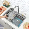 Kitchen Sink 304 Rostfritt stål Stort enstaka spår med multifunktion Touch Waterfall kran för kökrenovering