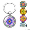 Keychains Lanyards Artistic Pattern Flowers New Style Glass Cabochon Keychain Bag Car Key Rings Holder Charms Sier Plated Chains Wom Dh25D