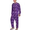 Pijamas masculinos roxos estampados florais manga comprida margarida flor 2 peças conjunto de dormir primavera masculino estampado fofo pijamas