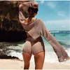 Chándales de mujer Sexy Beach Crop Top Shorts conjuntos de punto de manga larga con cordones traje femenino 2023 vacaciones de verano transparente conjunto de 2 piezas