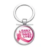 Keychains Lanyards Pink Ribbon Bröstcancer Awareness Glass Cabochon Keychain Bag Car Key Rings Holder Charms Sier Plated Chains Wo Dhzfn