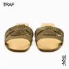 Tofflor Traf Flat Sandaler Kvinnor Slippare Gold Black Women Criss Cross Slider Sandaler Summer Luxury Round Toe Shoes 230726