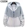 Herren Jacken Sonnencreme Jacke Männer Frauen Patchwork Casual Super Dünne Kapuzenmantel Paar Harajuku College Hip Hop Sommer Windjacke 230726