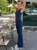 女性用ジャンプスーツロンパース夏のセクシーなデニムジャンプスーツの袖なし深いvネックハイウエストワイドレッグヴィンテージストリートウェアファッションジーンズ230727