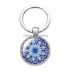 Keychains Lanyards Water Blue Patterns Flower Pattern New Glass Cabochon Keychain Bag Car Key Rings Holder Sier Plated Chains Men Wo Dhwwf