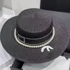 Trendy Women's Straw Bucket Hats Stylish Casual Water Pearl DoubleC Letters Large Brim Flat Top Hat