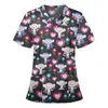 Calças mulheres uniforme de trabalho animal impressão dos desenhos animados gato cão manga curta vneck topos femme blusa enfermeira trabalho vestir uniformes médicos