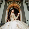 شمبانيا طويلة الأكمام الفاخرة تول الكرة ثوب Quinceanera فساتين الذهب