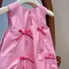 Fille Robes 2023 Été Filles Coréenne Robe Sans Manches Bébé Arc Coton Jupe Intérieure Enfants Rose Couleur De 1 À 7 Ans Robes Col Rond