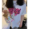 Kvinnors t-shirt kpop rosa leopard tryck kvinnor sommar street mode svart t skjortor kort ärm lös bomullstoppar 90-tal y2k tee skjortor 230727