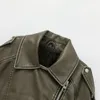 Womens Jackets RARF style washed leather jacket with belt short coat downgraded zipper and vintage lapel 230727