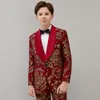 Платья Костюм для мальчика Детские костюмы Детский свадебный пиджак для мальчиков Детская торжественная одежда для выпускного вечера Вечерние платья 2 шт. Красное вино с жаккардовыми лацканами