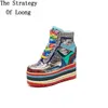 Boots Spring Autumn Height Increasing Platform Crystal Bling Sequin Rainbow Colorful Genuine Leather Women Ankle Wedges Short Boots 230727