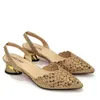 サンダルchan女性用のローヒールシューズ刺繍イタリアのデザインのゴールドカラーポイントピープピースのつま先の靴とバッグセット230726
