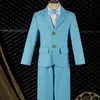 Tute Bambino Highend Sky Blue Suit Set Ragazzi Host Dress Performance di pianoforte Costume da sposa Bambini Blazer Giacca Gilet Pantaloni Papillon 4 pezzi 230726