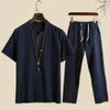 Męskie dresy letnie moda Mężczyzn Koszule Ustaw bawełniane i lniane krótkie rękawowe spodni strój M4XL 230727