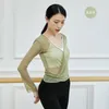 Actieve Shirts Danskleding Dames Yoga Tops Lange/korte mouwen Vetersluiting Gaas Effen kleur V-hals Training Grote maat 2xl