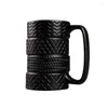 Muggar 400 ml 12,5 x8 cm Creative Black Tire Stora kapacitet Keramik Special Mark Wheel Cup Travel Coffee Mugg med handgrepp