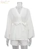 Womens Two Piece Pants Claceive Fashion Long Sleeve Robes Top Set Outifits Autumn Casual White Home Suit Elegant Shorts Womens 230727