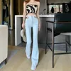 Women's Jeans Hollow Chain Black Flare Cargo Denim Pant High Waist Slim Bootcut Bell Bottom Korean Women Ladies Sexy Gothic Y2k Trouser