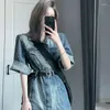 Feminino Casaco De Malha Temperamento Retro Vestido De Cowboy Devise Summertime Aperte Sua Cintura Aparência Saia Fina Ins Jaqueta Denim