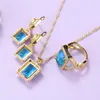 Collier Boucles D'oreilles Ensemble Arabe Or-Couleur Bijoux Ensembles Mariage-Fiançailles Mode Costume Bleu Ciel Zircone Cubique Bracelet Et Bague Femmes