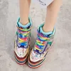 Boots Spring Autumn Height Increasing Platform Crystal Bling Sequin Rainbow Colorful Genuine Leather Women Ankle Wedges Short Boots 230727