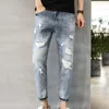 Men's Jeans Ninth Slim Fit Stylish Gradient Color With Ribbed Holes Multi Pockets Durable For Long-lasting