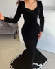Elegant Black Velvet Mermaid Evening Dresses Lace Edge Long Sleeves Party Prom Dress Pleats Long Dress for red carpet special occasion