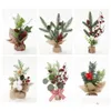 Decoraciones navideñas Mini Tree Table 8 Pequeños árboles artificiales con bayas rojas Pine Cone Greenery Centro de mesa para el hogar Offic Dho7X